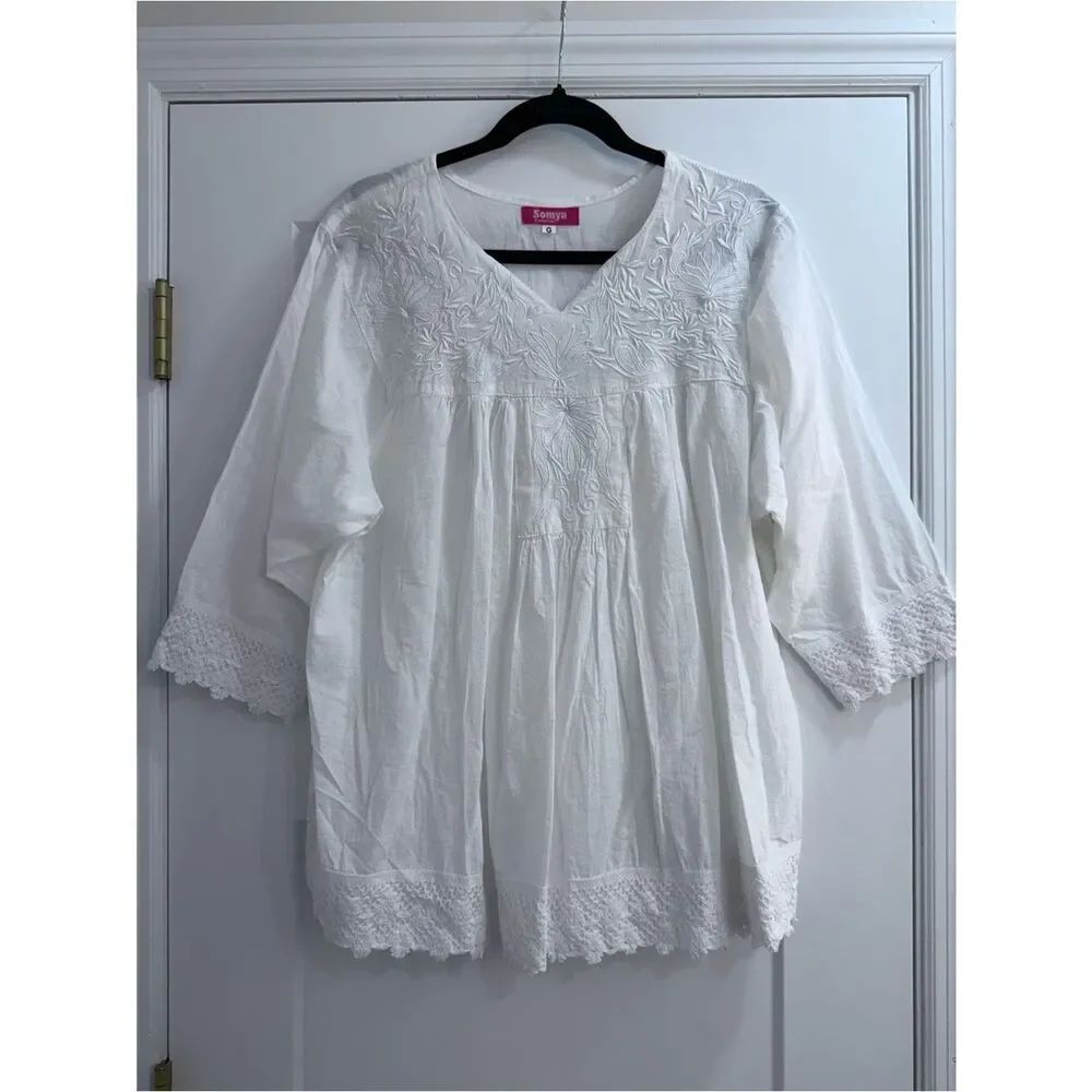 Somya White Embroidered Cotton Peasant Top - Picture 2 of 6